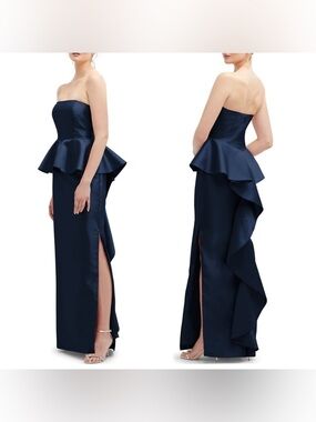 NWT Alfred Sung Strapless Ruffle Peplum Satin Column Gown in Midnight Navy, 2R